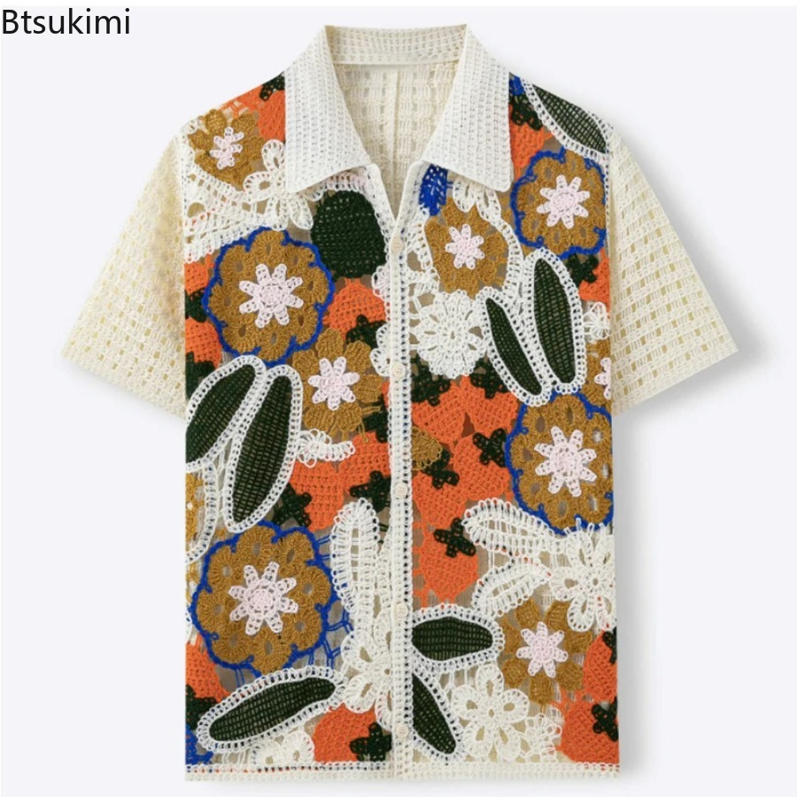 Men's Retro Floral Crochet Kni - đánh giá và giá Shirt Camp Collar