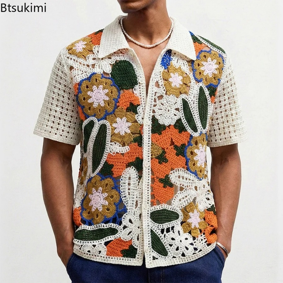 Men's Retro Floral Crochet Kni - đánh giá và giá Shirt Camp Collar